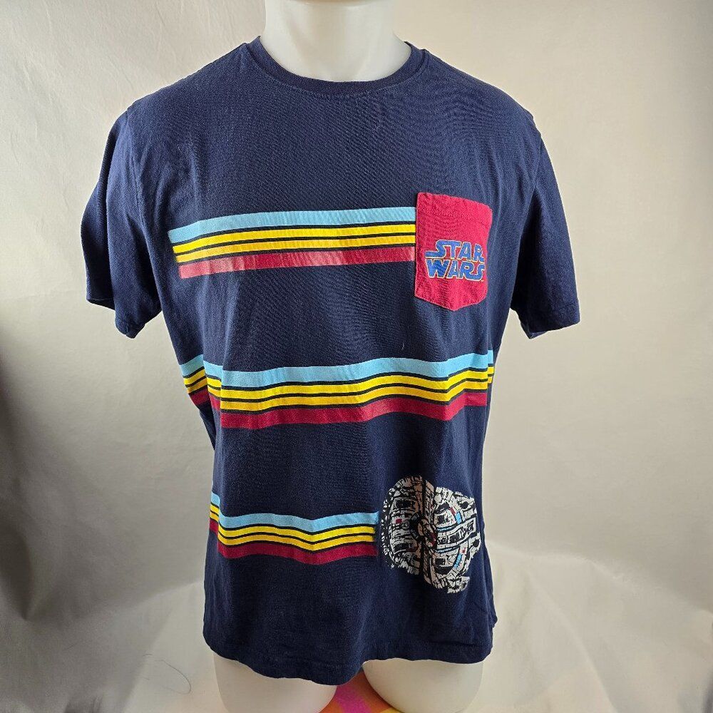 Star Wars T Shirt Mens XL Blue Striped Millenium Falcon Pocket Tee Mad Engine